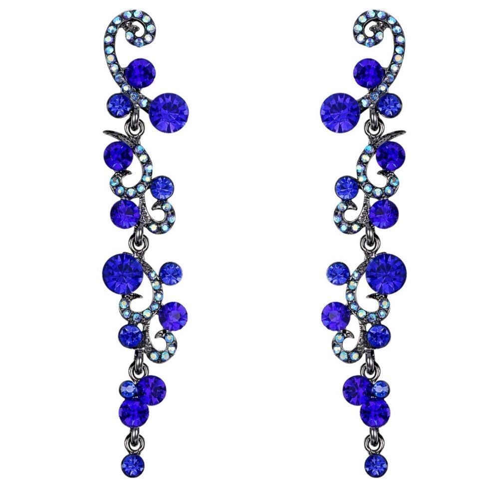Gun Metal with Sapphire Blue and AB Austrian Crystal Wave Statement Earrings